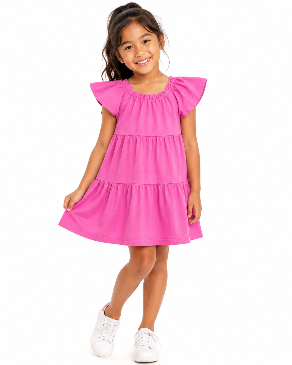 Mango- Pink Flutter Sleeve Tiered Dress