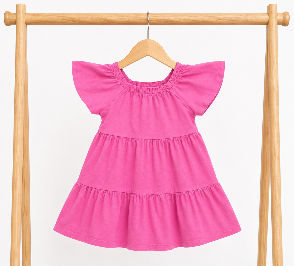 Mango- Pink Flutter Sleeve Tiered Dress