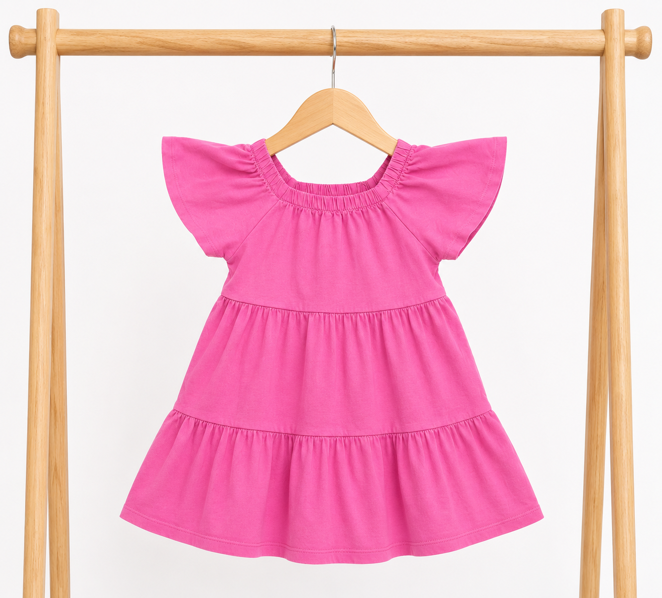 Mango- Pink Flutter Sleeve Tiered Dress